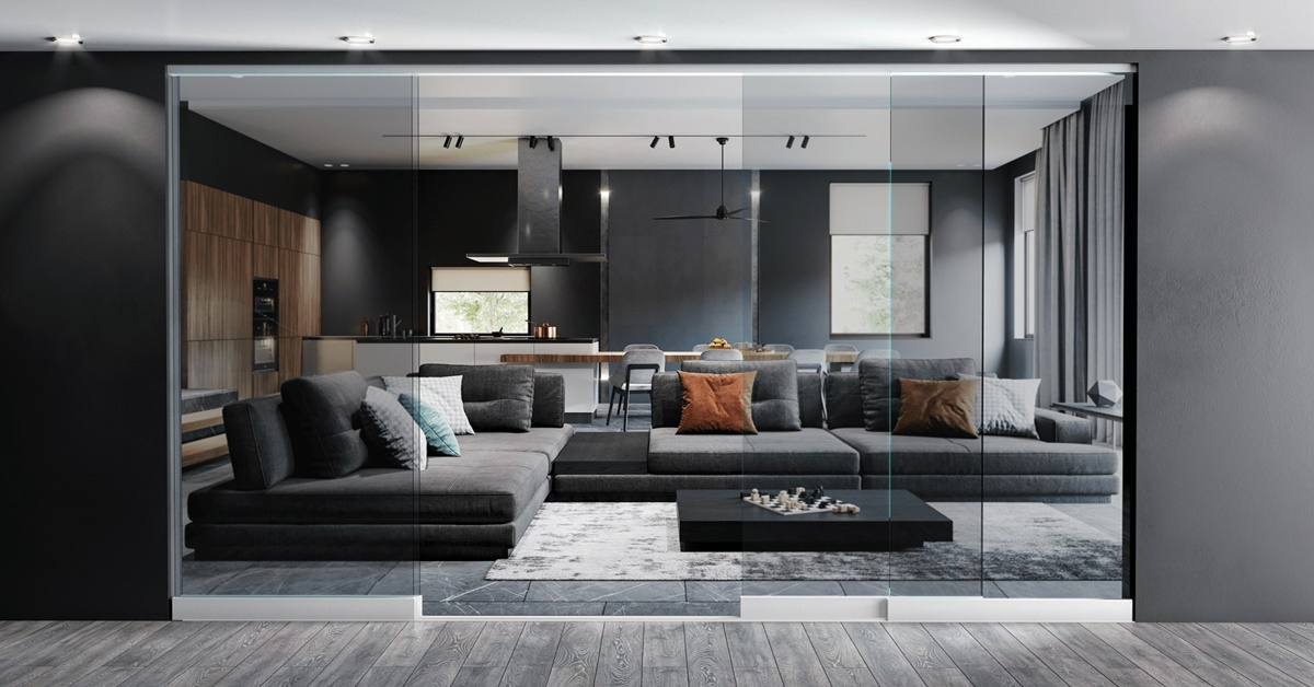 Mẫu cửa lùa kính màu xám khói ngăn phòng khách rộng