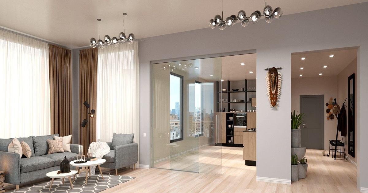 Mẫu cửa kính lùa ngăn phòng khách và khu vực bếp