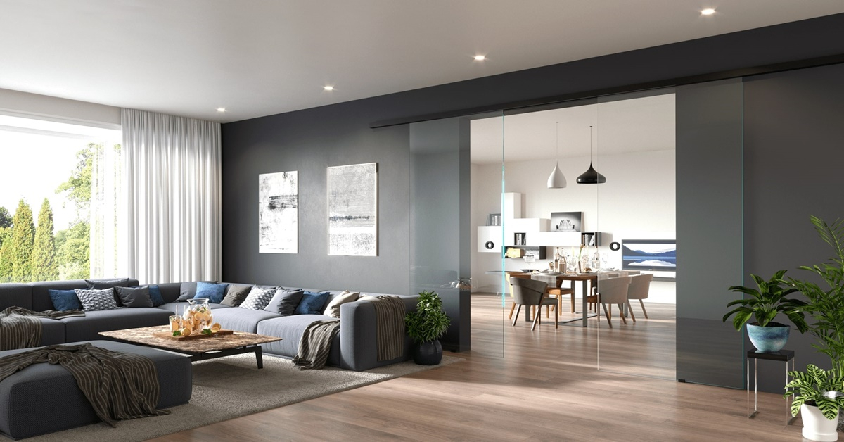 Mẫu cửa kính lùa ngăn phòng khách đẹp